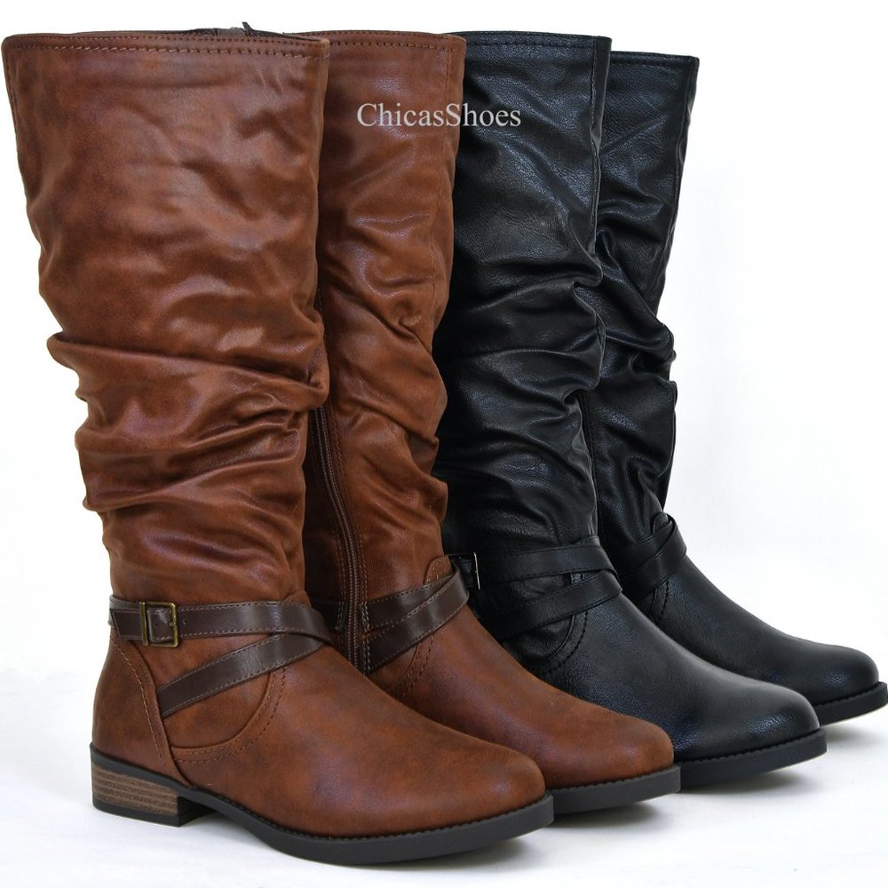 Womens Flat Black Or L Brown Ruched Faux Leather Riding Boots